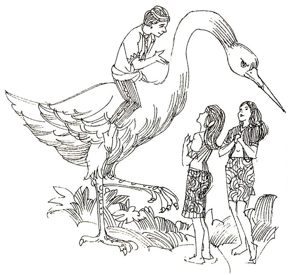 Sketch of two women by the river while a man is in front of them on a giant magic crane.