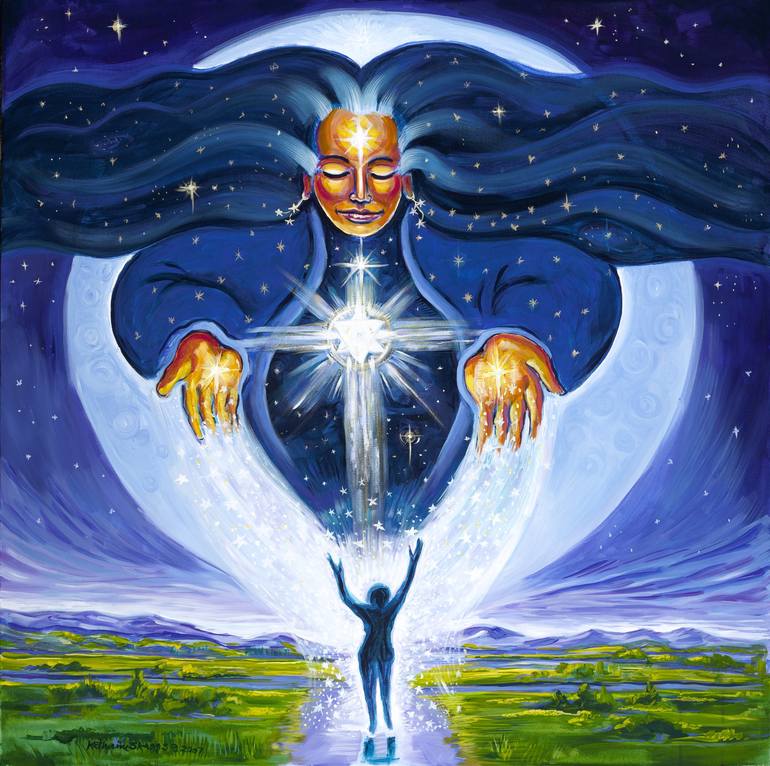 A painting of a goddess in the stars, hands out stretched and a figure of a woman on the earth giving praise.