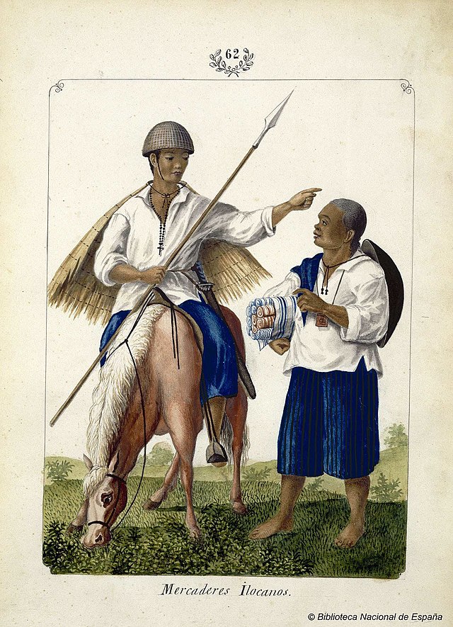 A painting of a man on a horse, and another beside him. They are wearing simple cotton clothing, representing Ilocano traditional wear. One is wearing a woven hat.