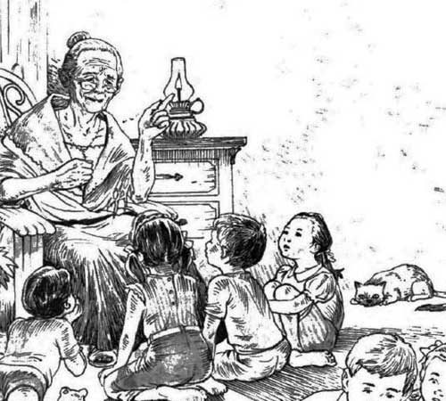 An old lady sits by candle light, telling young children folk tales.