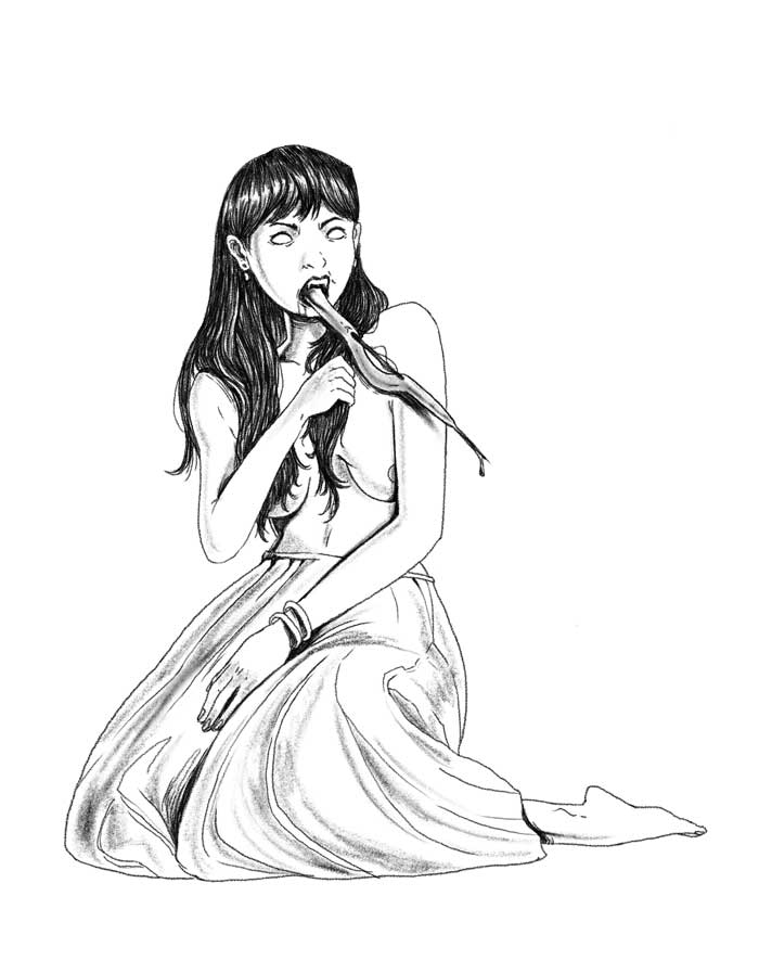 A sketch of a Filipina maiden in traditional attire with a long proboscis tongue. 