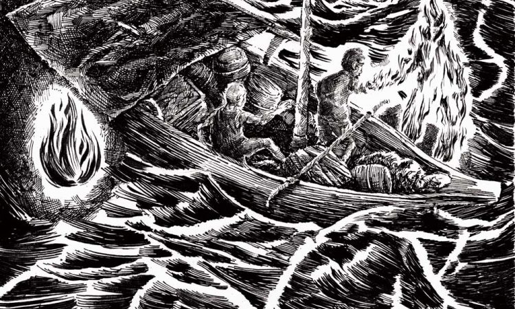 A pen and ink sketch of Santilmo flames attacking a boat in the middle of a stormy sea. The few crew members of the small boat struggle to keep the flames at bay.