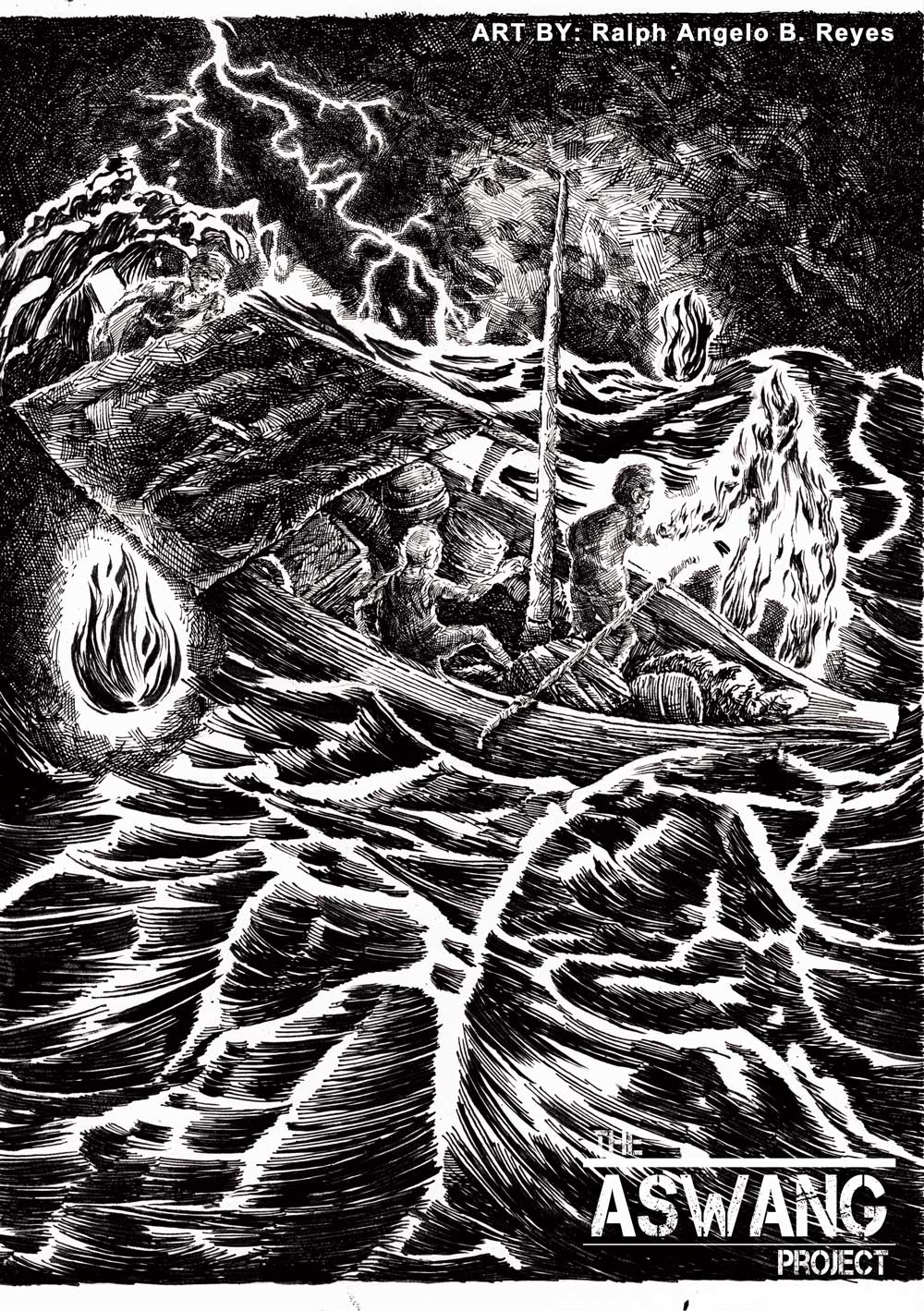 A pen and ink sketch of Santilmo flames attacking a boat in the middle of a stormy sea. The few crew members of the small boat struggle to keep the flames at bay.